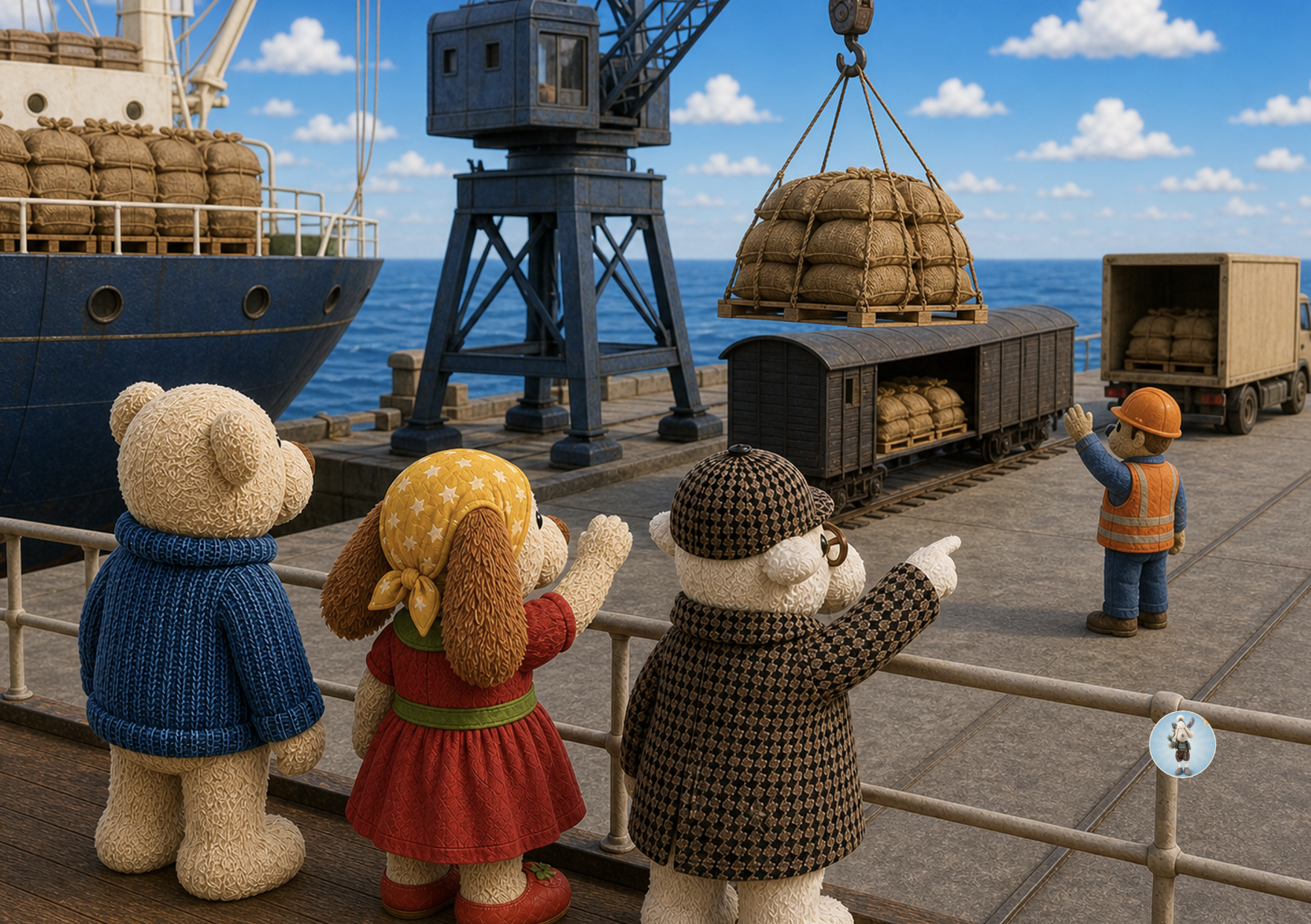 Toby, Tanya and Douglas watching work at the harbour