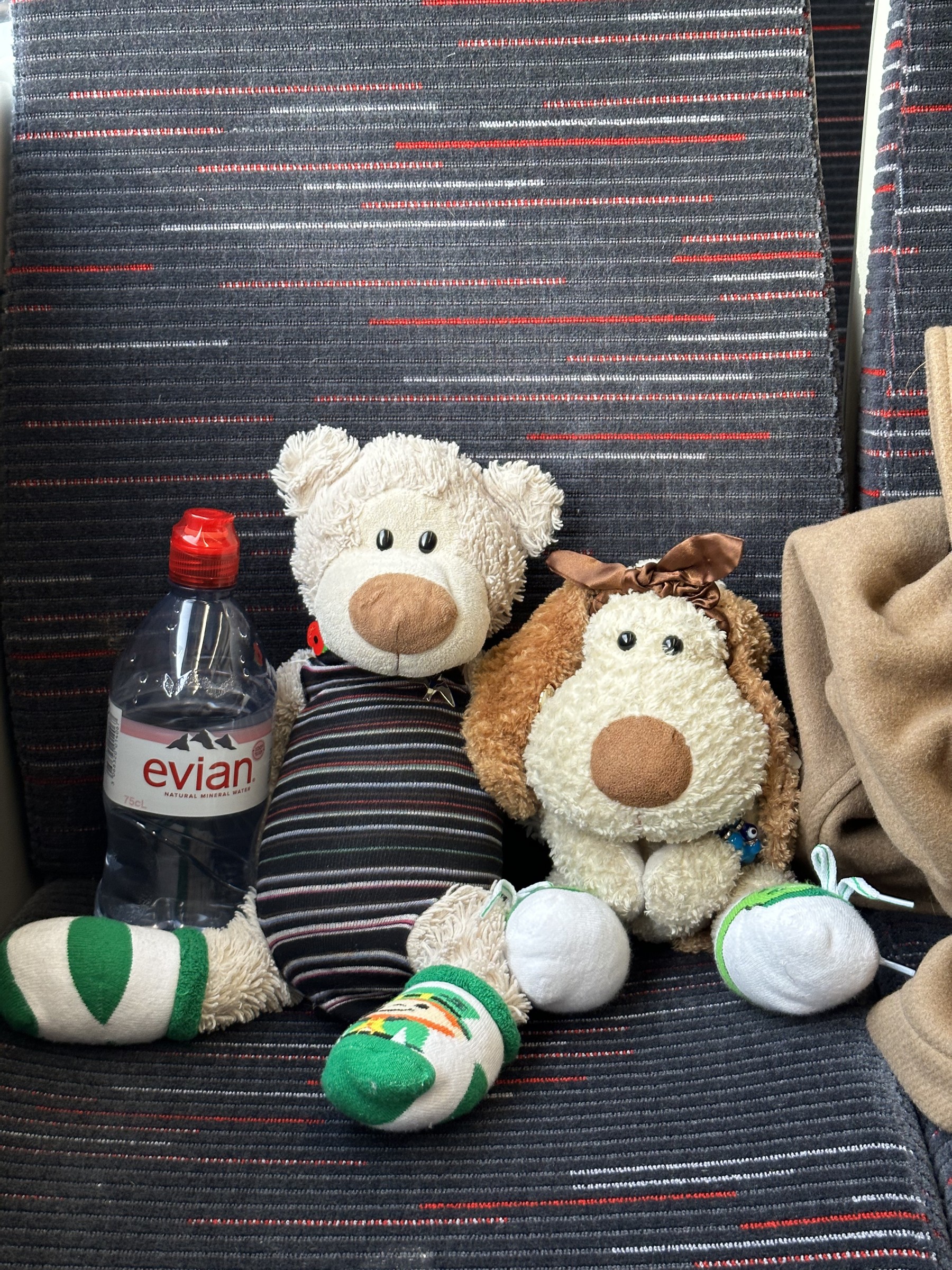 Toby and Tanya sitting together on their train seats